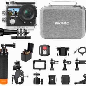 AKASO Brave 4 Action Camera with Waterproof Floating Hand Grip and Carry Bag Bundle - 4K30 20MP Ultra Hd EIS 131ft Underwater Camera 5xZoom Dual Screen with Helmet and Bicycle Accessories Kit
