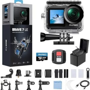 AKASO Brave 7 LE 4K30fps Action Camera with 128GB MicroSDXC U3 Memory Card Accessories Kit Bundle Ultra HD 131FT Waterproof Camera EIS 2.0 WiFi Remote Control Zoom Underwater Camera