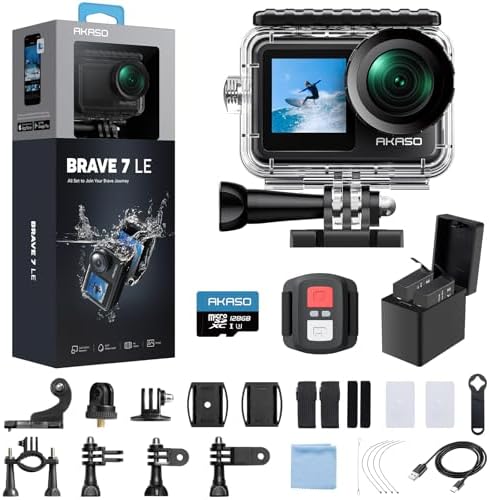 AKASO Brave 7 LE 4K30fps Action Camera with 128GB MicroSDXC U3 Memory Card Accessories Kit Bundle Ultra HD 131FT Waterproof Camera EIS 2.0 WiFi Remote Control Zoom Underwater Camera