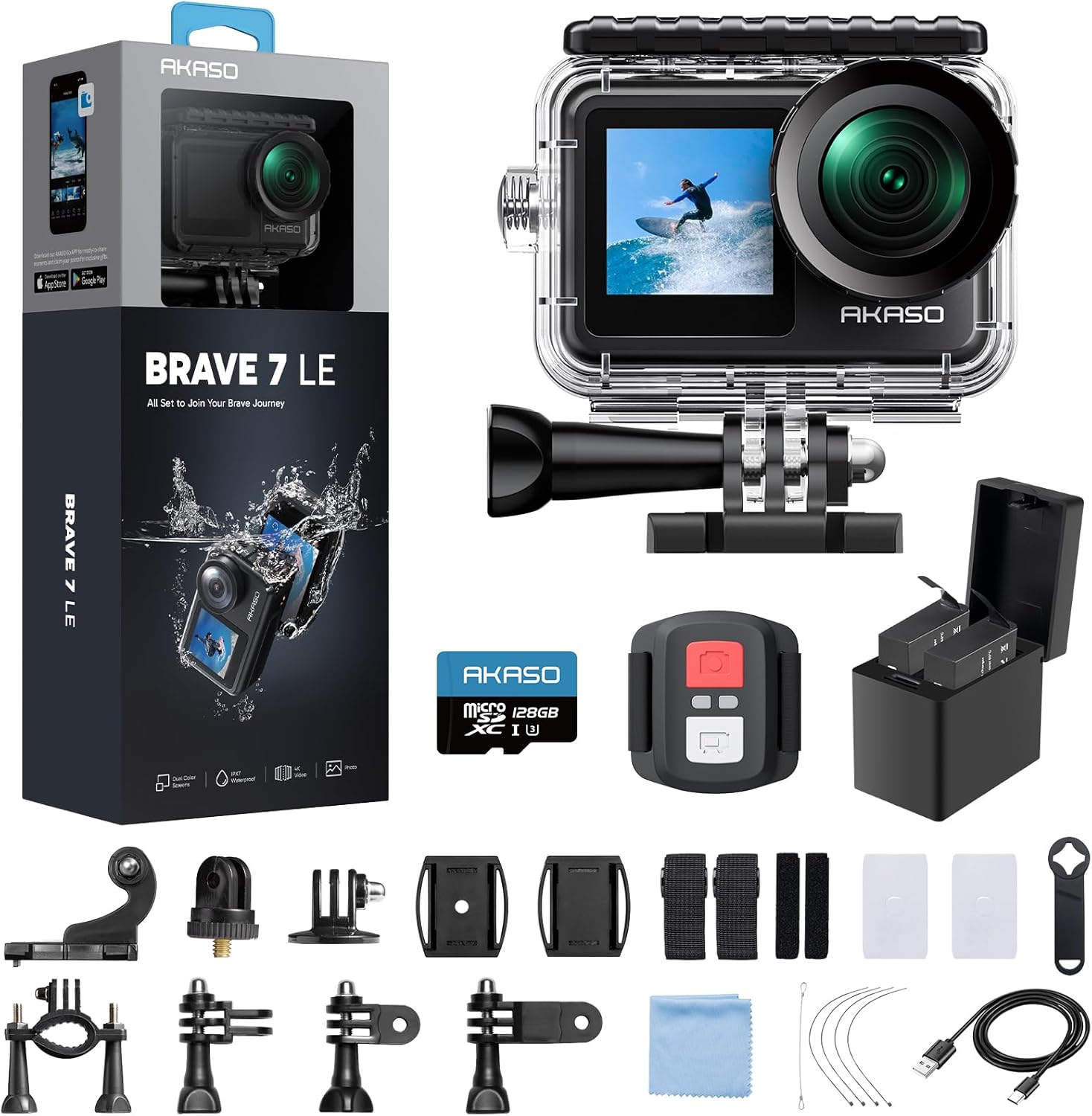 AKASO Brave 7 LE 4K30fps Action Camera with 128GB MicroSDXC U3 Memory Card Accessories Kit Bundle Ultra HD 131FT Waterproof Camera EIS 2.0 WiFi Remote Control Zoom Underwater Camera - Image 9